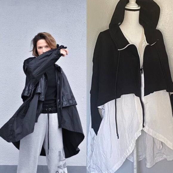 L!NK Jacket Oversized Black White Hi Lo Hooded Size Medium - Picture 1 of 7